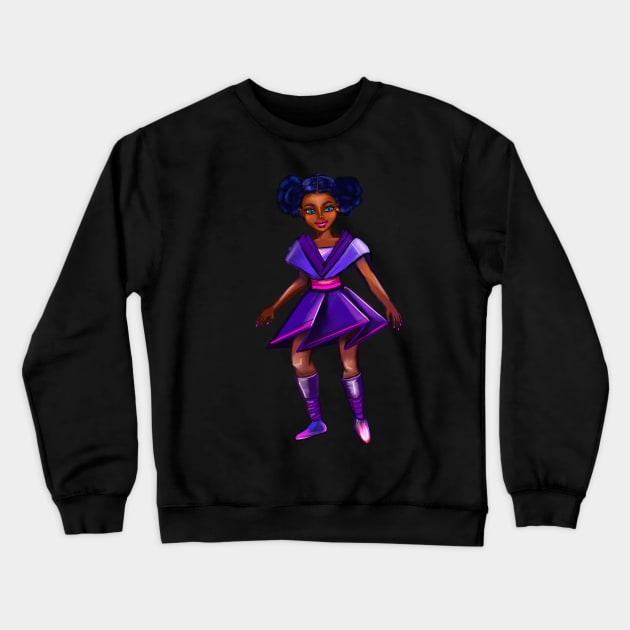 Anime girl with two puffs. Black afro anime girl in purple from outer space ! beautiful  black girl with Braided hair, blue eyes, Cherry pink lips and dark brown skin. Hair love ! Crewneck Sweatshirt by Artonmytee